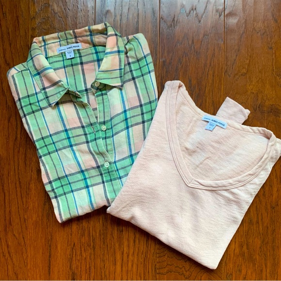 James Perse Tops - James Perse Pink Madras Check Button Down & Long Sleeve Tee - 2 PC Bundle